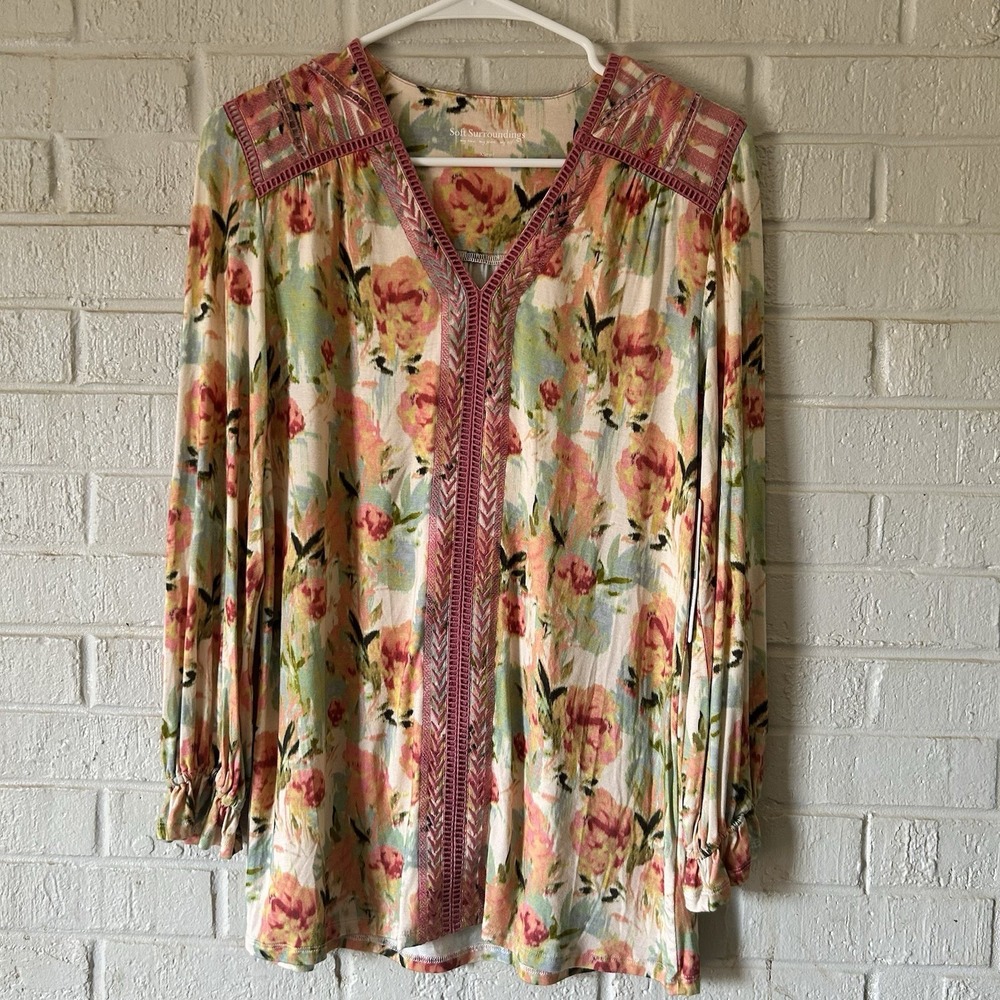 Soft Surroundings Essex Blouse NWT Garden Rose Floral Embroidered Tunic Top XS